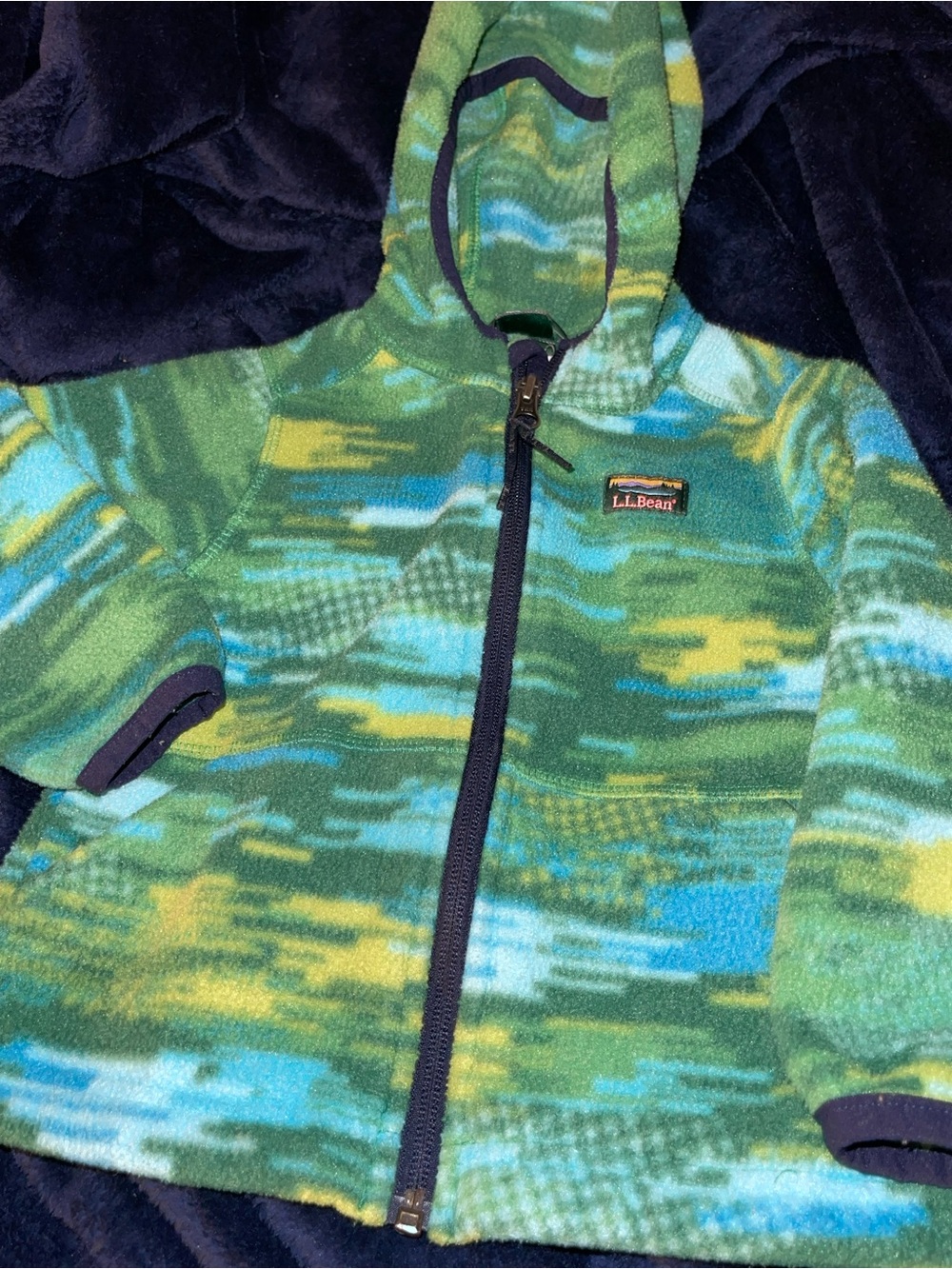 L.L.Bean Green, Blue & Yellow Patterned Fleece Jacket with Hood